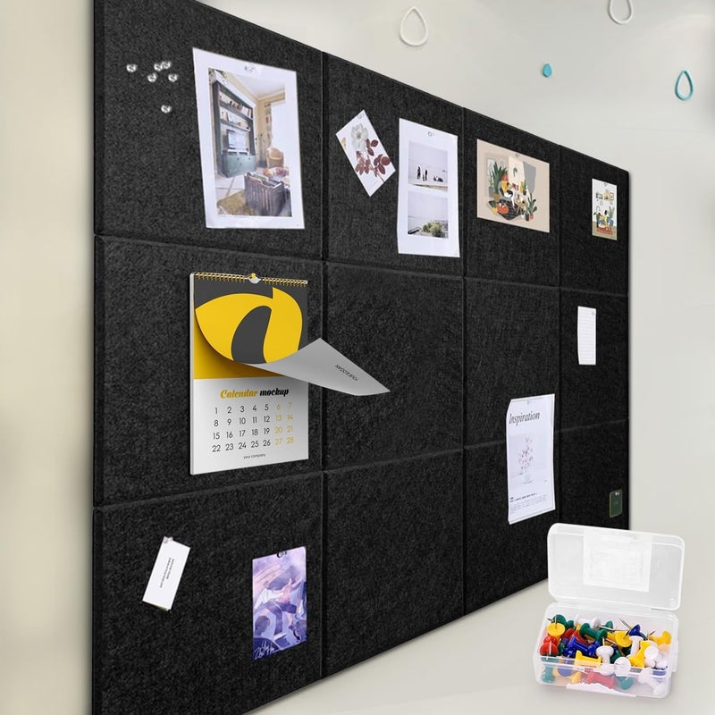 ZHIDIAN Felt Wall Tiles Bulletin Board with Removable Adhesive, 47"x35" Black Cork Board Alternative with 40 Push Pins, 12 Pack Large Office Cork Tile Pin Board Felt Squares for Walls - Image 1